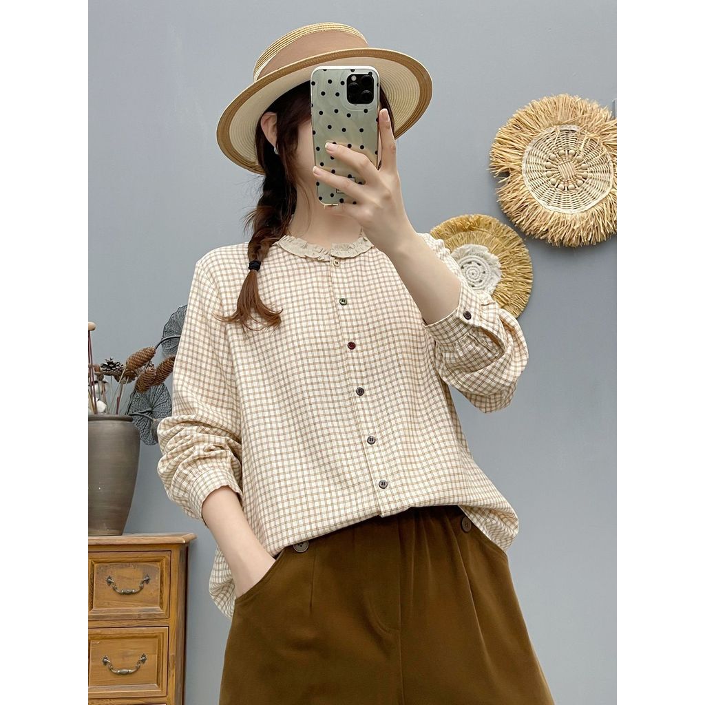 Sẵn sàng - Áo sơ mi nữ 100% cotton chất lượng cao, cổ ren kẻ sọc nhỏ, thoáng mát cho mùa xuân