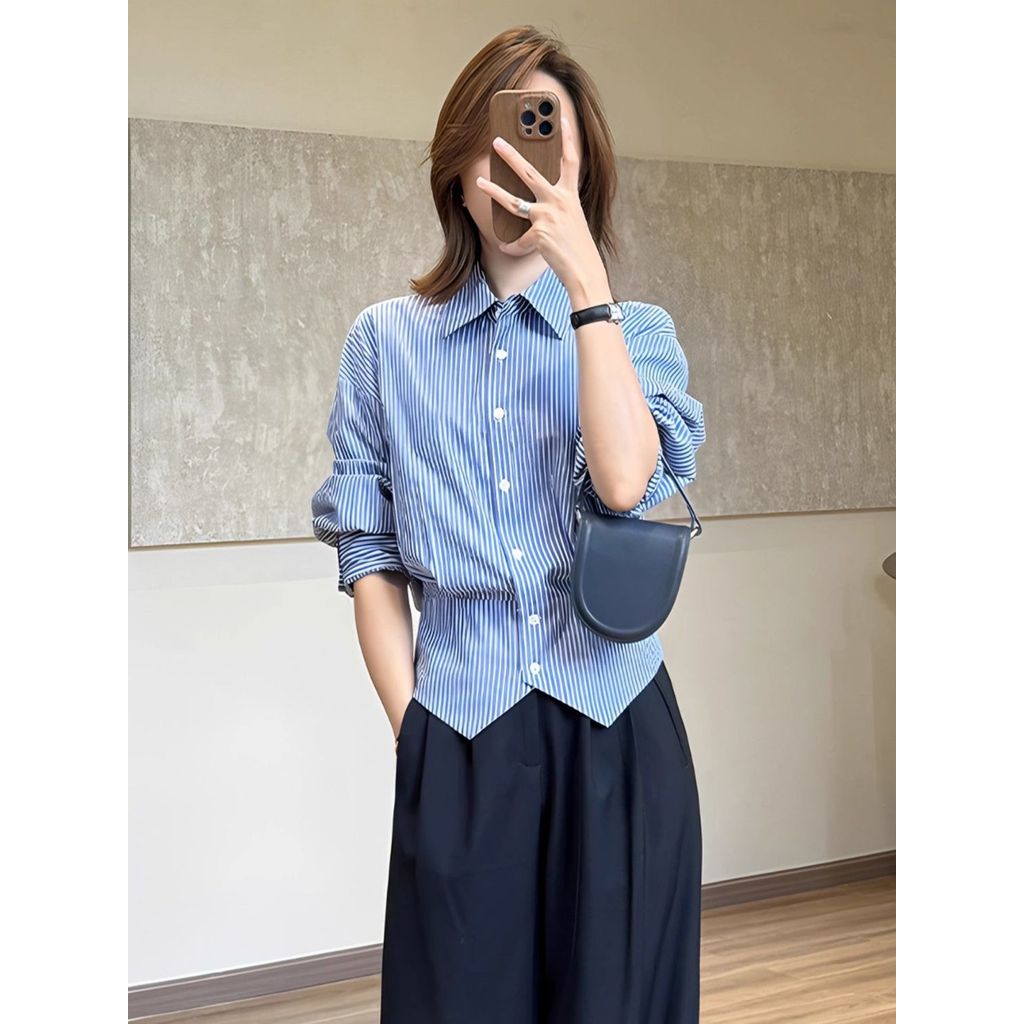 Slim Eo Nữ Thời Trang Sọc Dài Tay Áo Sơ Mi Nữ Cổ Áo Sơ Mi