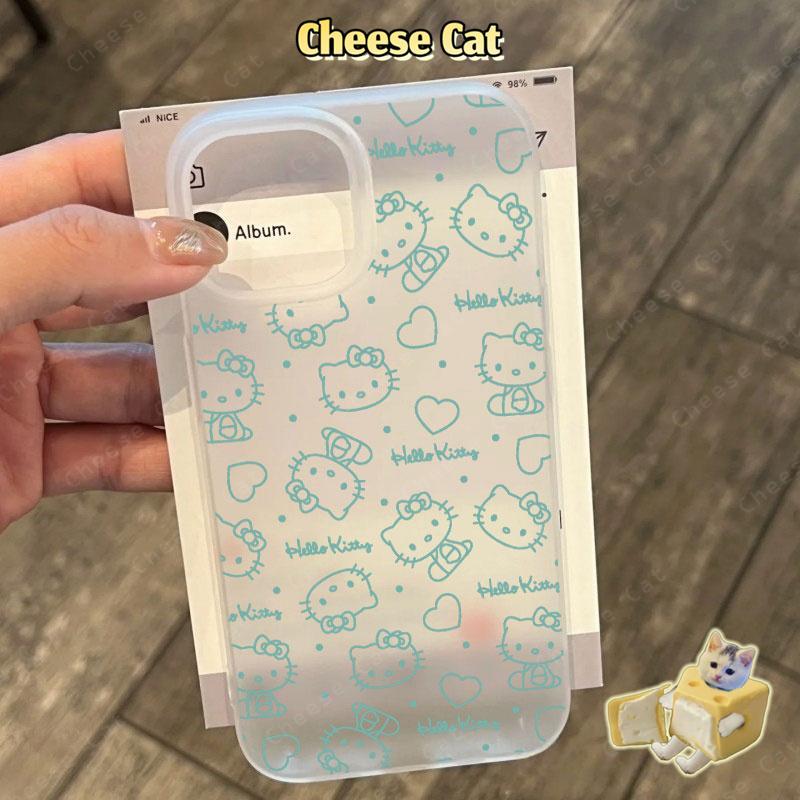 dòng mèo Kitty Ốp điện thoại màu xanh mờ cho iPhone 15 16 11 12 13 14 17 Pro Max 7 Plus XR Xs Max