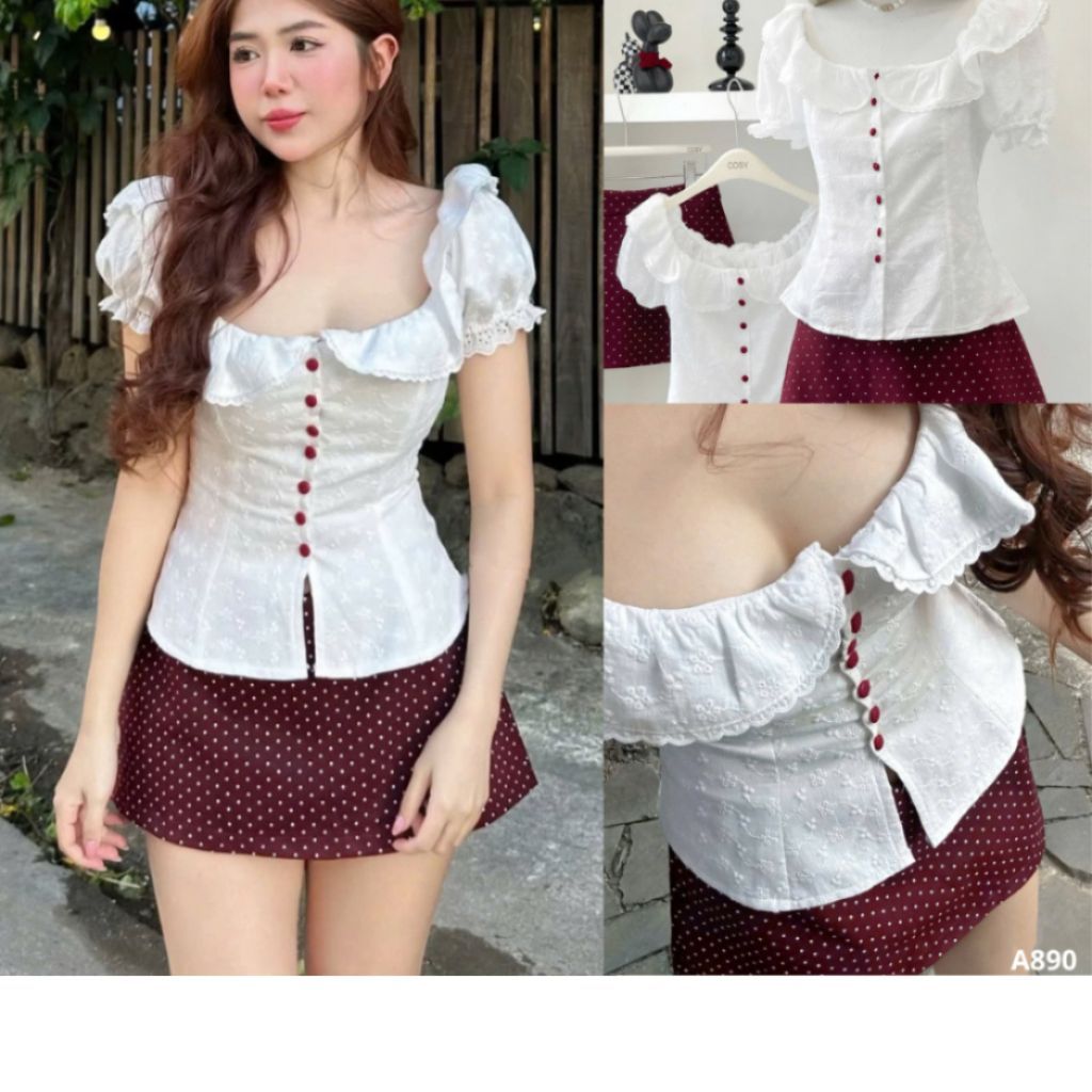 Áo Cổ Bèo Tiểu Thư Tay Bồng Phối Nút Màu, Chất Ren Boi Thêu Siêu Xinh_A7890 - Sam botique