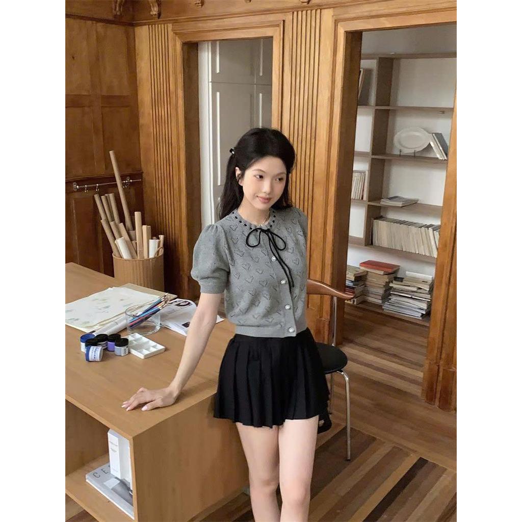 (Hàng QCCC) Áo cardigan len cộc tay dáng ngắn thiết kế phối dây buộc nơ phong cách tiểu thư hottrend MIHN SP450