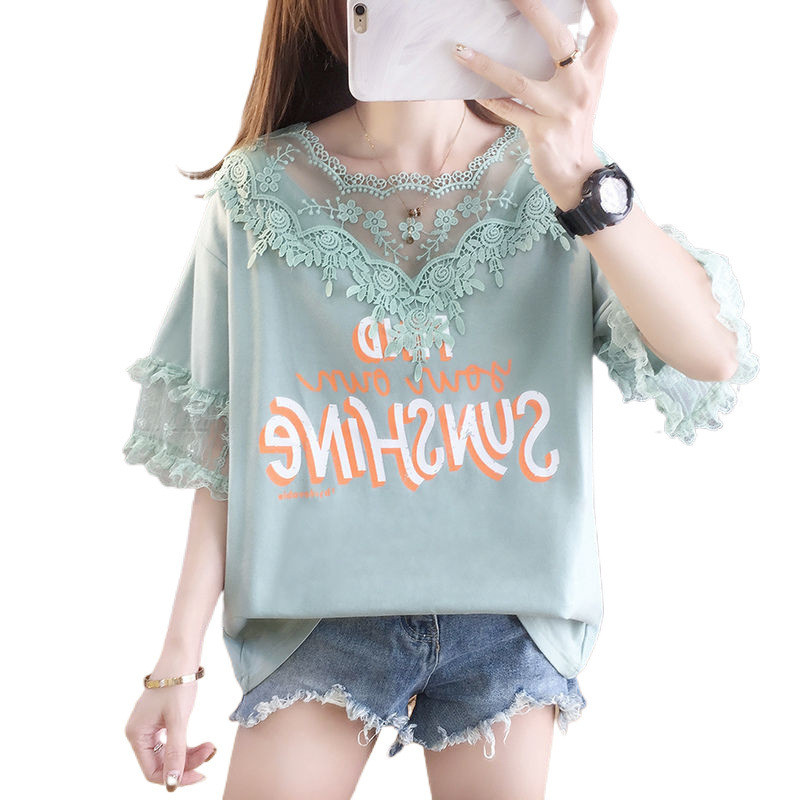 Áo thun ren tay ngắn cỡ lớn dành cho nữ, mặc mùa hè, dáng rộng, trẻ trung và phong cách, có thiết kế phối vải.