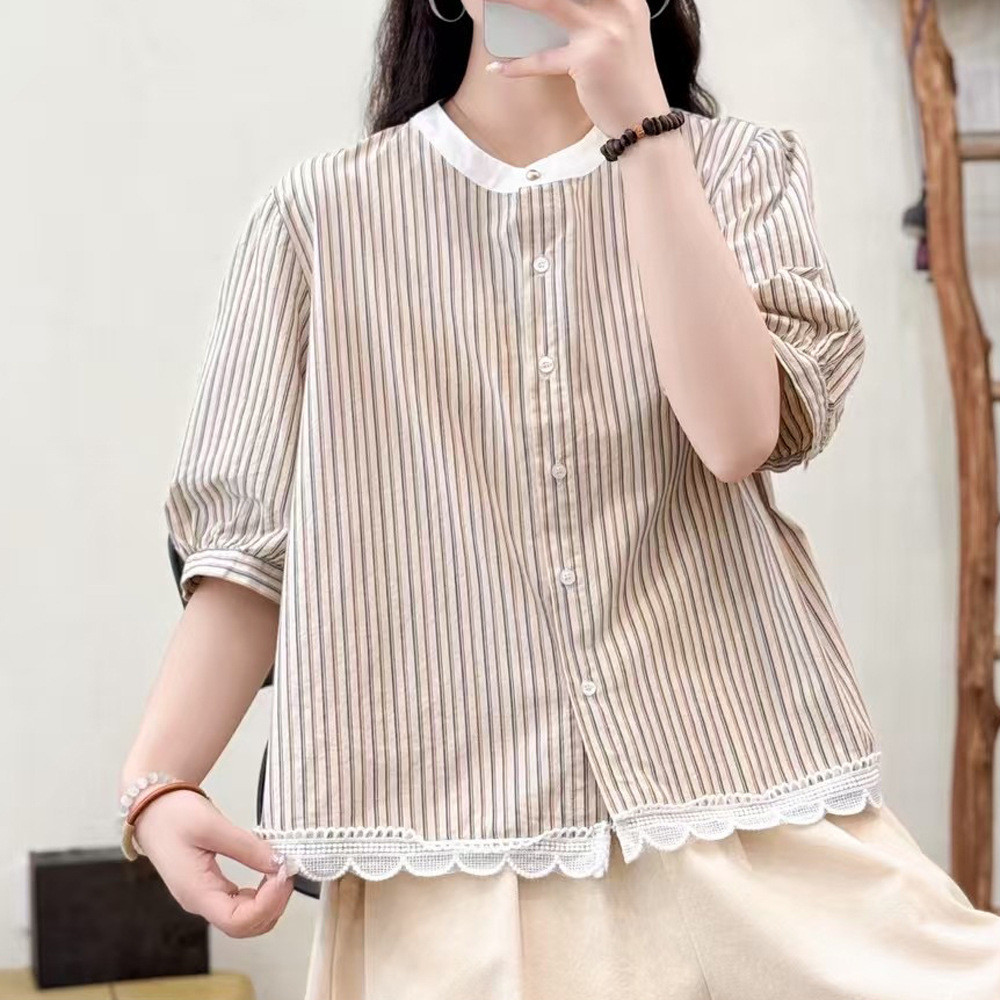 [Hàng có sẵn] Áo sơ mi nữ 100% cotton chất lượng cao, tay ngắn, phù hợp mùa hè với chi tiết sọc và xếp ly nhấn nhá.