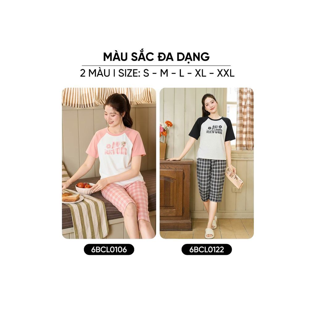 Đồ bộ nữ CARDINA chất cotton cổ tròn phối tay raglan quần thô lửng 6BCL01