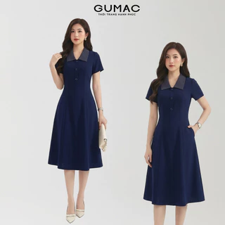 Đầm nữ GUMAC A xòe phối cổ sọc thiết kế thanh lịch chất liệu bố thái mềm mịn  LDF0612