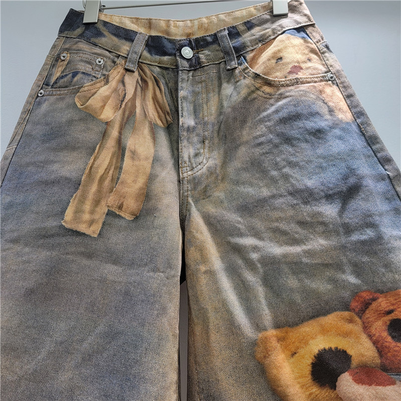 Quần Denim Nữ Họa Tiết Hoạt Hình, Ống Rộng Thoải Mái, Phù Hợp Mùa Hè 2026
