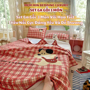 Bộ ga gối 3 món với hình thêu xù nổi siêu dễ thương và tinh tế, độ thoáng khí cao Memminbedding