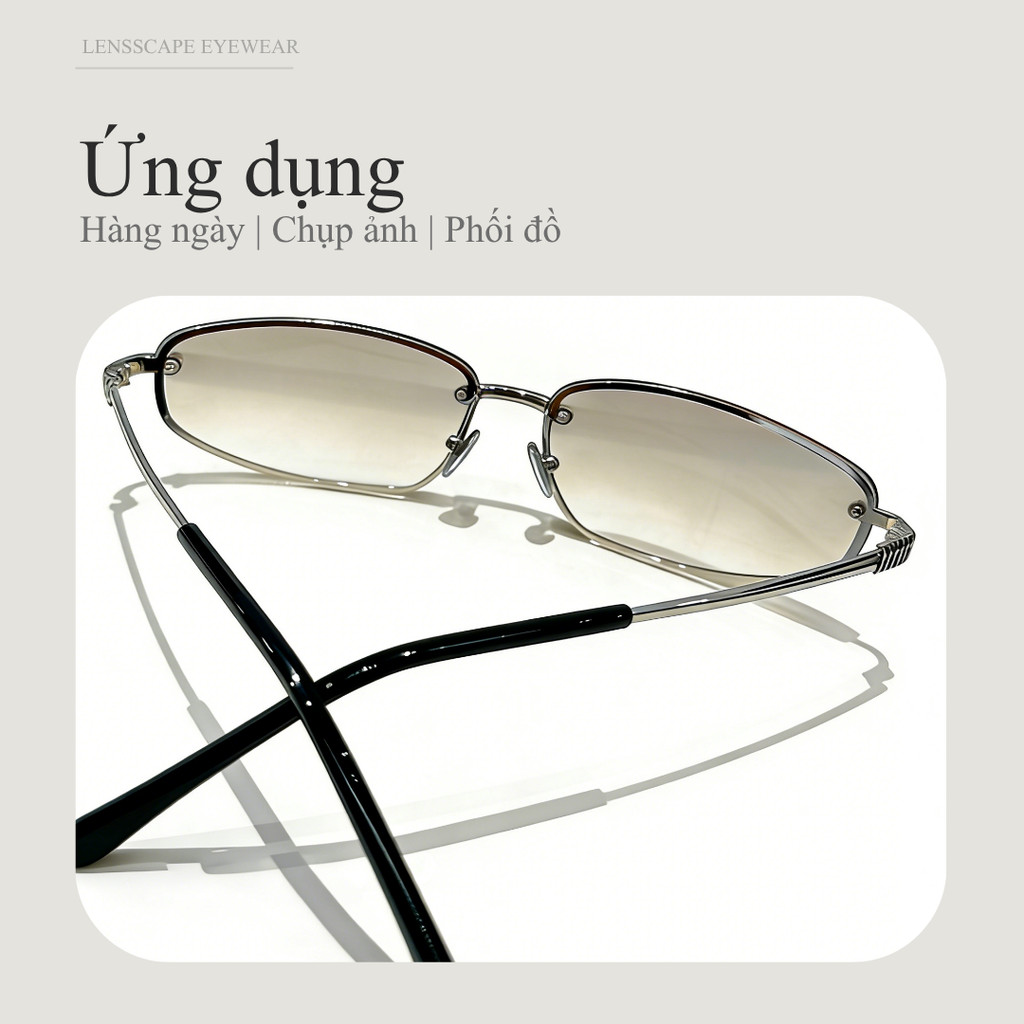 Lensscape Kính mát nữ dáng chữ nhật nhỏ gọng kim loại UV400 tròng màu nhẹ dùng hằng ngày y2k