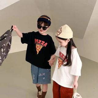 Áo thun cotton cho bé trai bé gái in chữ Pizza - áo tay ngắn form rộng phong cách Hàn Quốc mùa hè