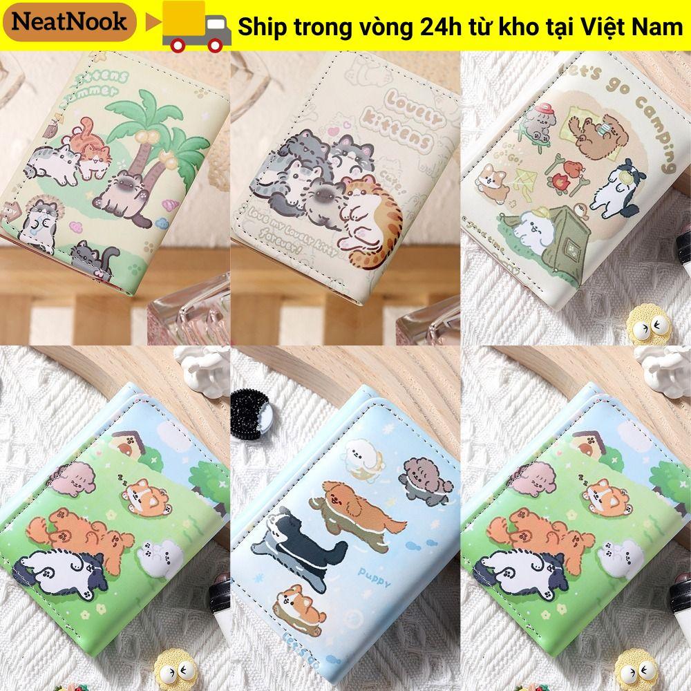 NEATNOOK Thẻ tín dụng Holoder, Ví đựng tiền xu bằng da PU INS, Chú chó con Mini dễ thương 3 lần Ví đựng thẻ cho bé gái Quà tặng học sinh