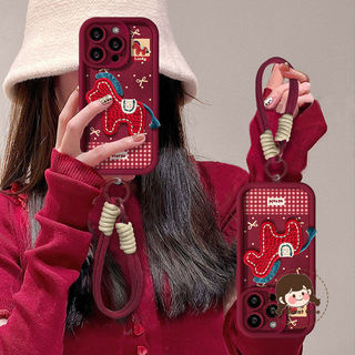 Năm Mới Màu Đỏ 3D Thêu Pony Vỏ Cho Samsung Galaxy S26 Plus Ultra A57 M56 A06 F36 F06 M36 M06 M16 F16 A16 M55 F55 C55 M54 F54 M51 M35 M34 A73 A72 4G 5G Bao Có Dây Buộc