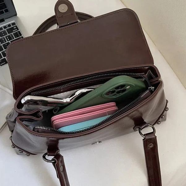 ANCO Pleated Women's Rivet Bag Vintage nhẹ sang trọng một vai túi xách