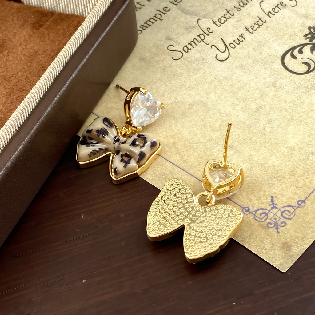 Bông tai Zircon hình trái tim nơ thiết kế kiểu Pháp