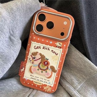 Làm Giàu Hạnh Phúc Thêu Ngựa Đỏ Cam Chấm Bi Điểm Da PU Ốp Lưng Điện Thoại iPhone 17Promax 17Pro 14 15 16 Pro Max 13 Vỏ Di Động Nữ Chống Sốc