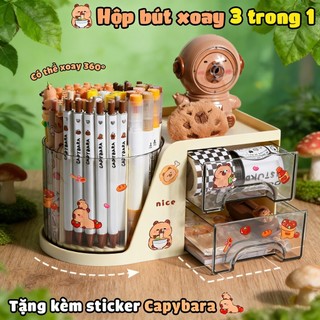 Hộp đựng bút để bàn xoay 360 độ hình Capybara cute, đa năng như một chiếc kệ đựng mỹ phẩm mini cho học sinh