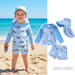 0-5years Trẻ Em Bé Trai 3 Cái Rash Guard Đồ Bơi Tay Dài Cá Mập / Thuyền Thuyền Thuyền In Đồ Tắm Đồ Bơi Có Mũ