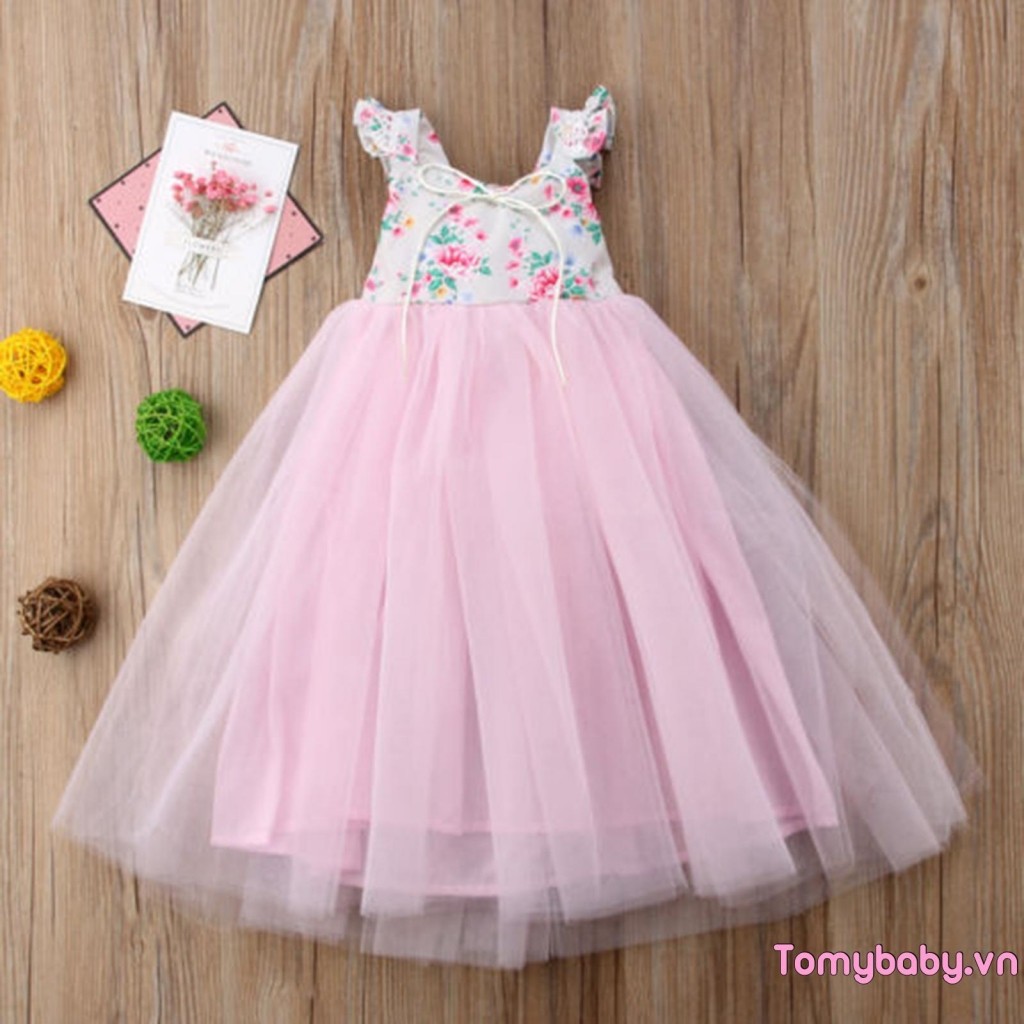 Trẻ Em Bé Gái Váy Công Chúa Cưới Phù Dâu Không Tay In Hoa Đảng Tutu Váy