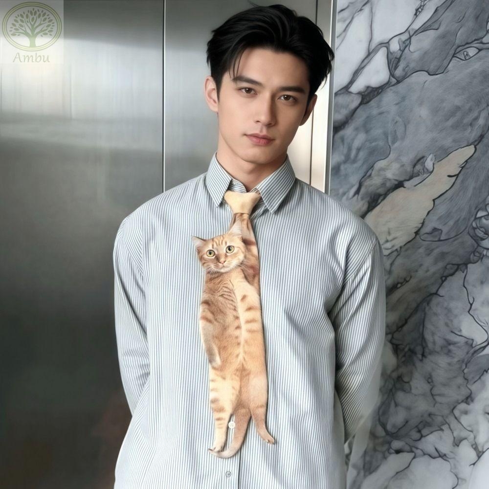 Cà vạt nam hình mèo AMBU, Cà vạt mèo con sống động như thật, Vải Satin họa tiết động vật thời trang Cà vạt cổ sáng tạo mới lạ cho đám cưới và bữa tiệc