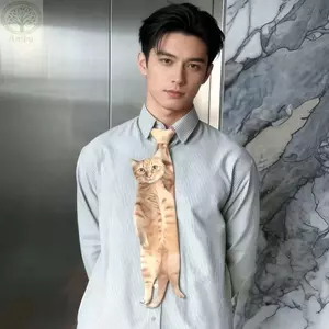 Cà vạt nam hình mèo AMBU, Cà vạt mèo con sống động như thật, Vải Satin họa tiết động vật thời trang Cà vạt cổ sáng tạo mới lạ cho đám cưới và bữa tiệc