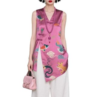 [Khuyến mãi ngắn hạn] Áo vest đỏ hồng phong cách Trung Quốc, thiết kế khóa kéo sang trọng, trendy mùa hè.