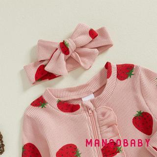 MG-Baby Girls Xù Romper Bộ áo liền quần dài tay in hình dâu tây và bộ băng đô dễ thương cho trẻ sơ sinh mới biết đi