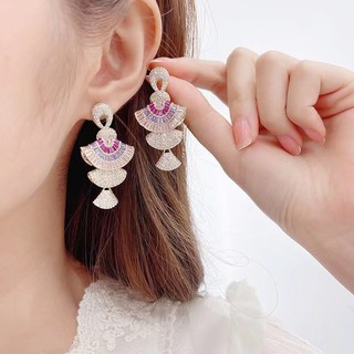 Công nghiệp nặng - Bông tai bạc S925 với zircon nhiều màu sắc, thiết kế ba chiều dạng quạt
