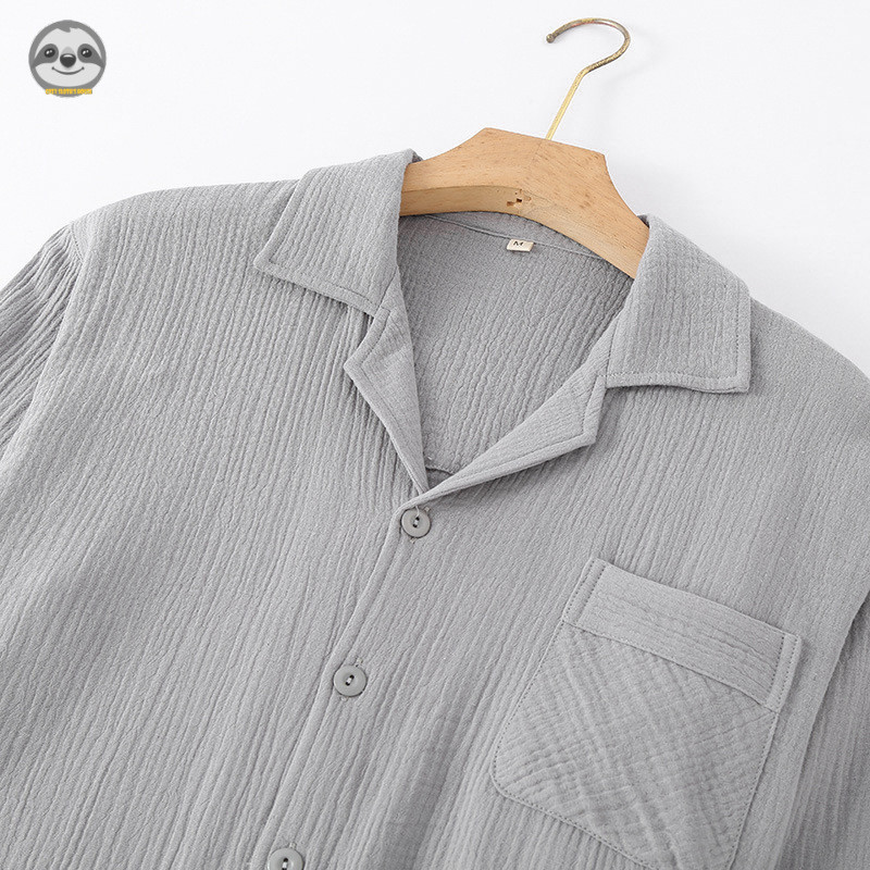 Phong Cách Nhật Bản Phong Cách Đơn Giản Nam Đơn Sắc Sợi Hai Lớp Cotton Nguyên Chất Quần Dài Tay Bộ Đồ Ngủ / Sợi Cotton Hai Lớp Cardigan Màu Trơn Xuân Thu Loungewear
