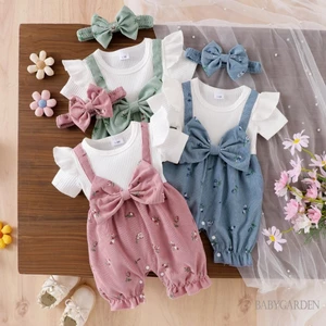 Trang phục mùa hè cho bé gái Bộ áo liền quần ngắn tay hai mảnh giả hoa và băng đô nơ