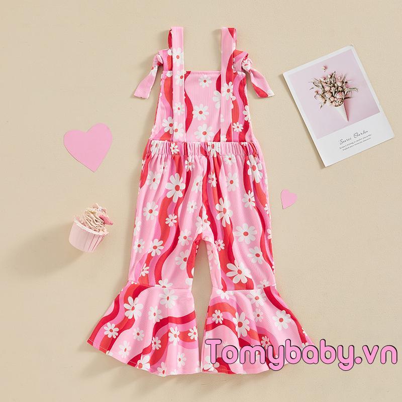 Bộ áo liền quần đáy chuông cho bé gái dễ thương in hoa cúc cổ vuông không tay buộc áo liền quần