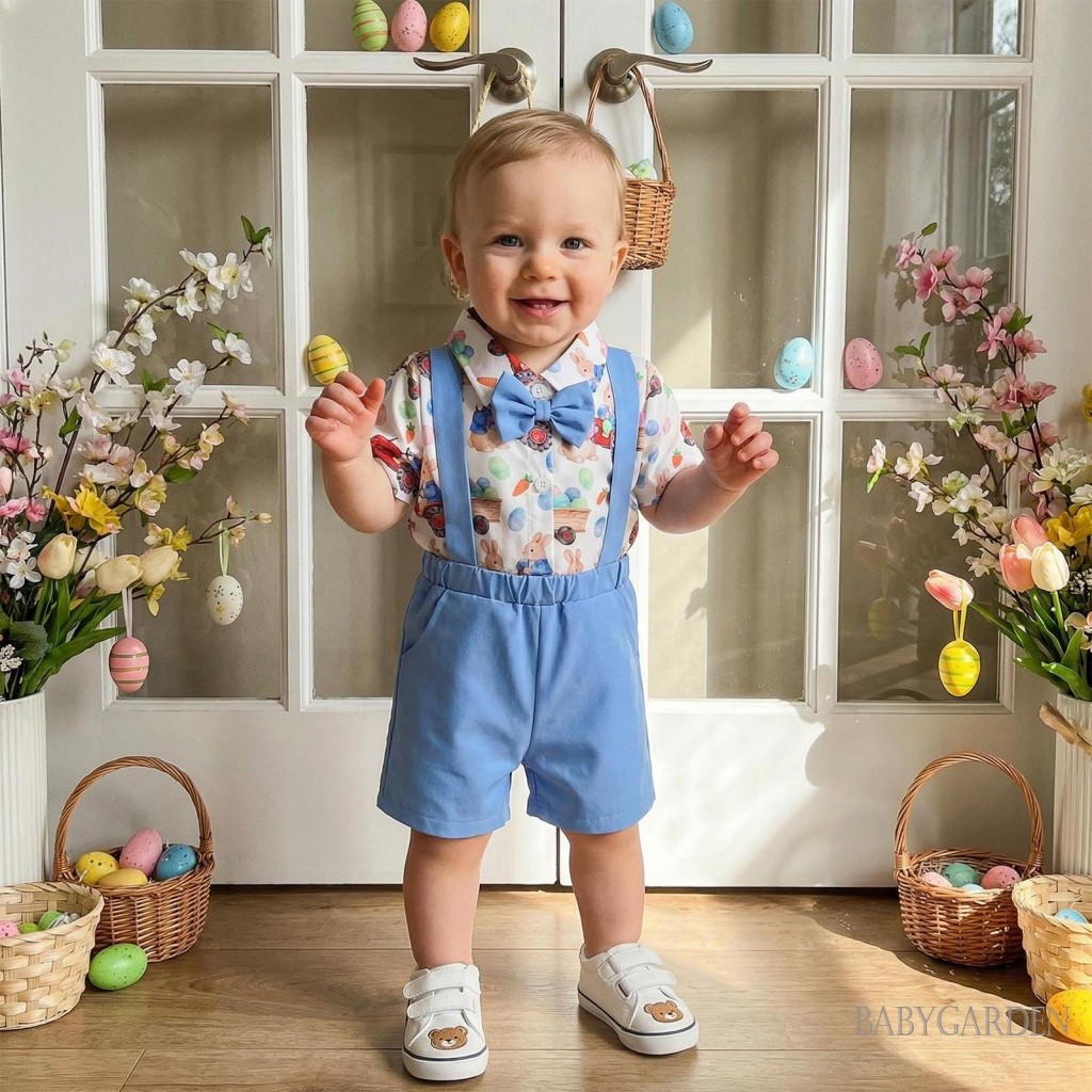 Trang phục quý ông Phục sinh cho bé trai | Bộ áo liền quần in hình thỏ + Thắt nơ + Quần short treo 2 chiếc