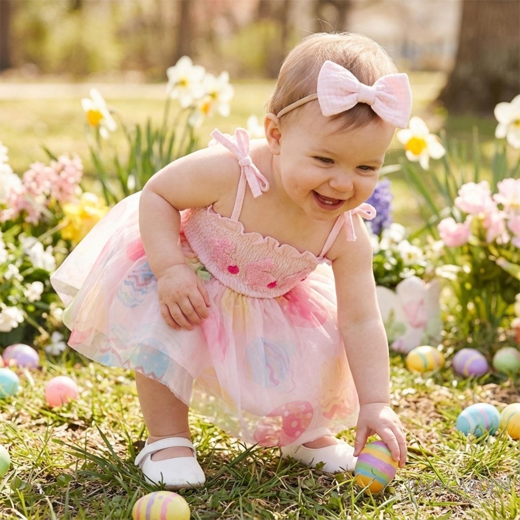 Bộ áo liền quần vải tuyn màu hồng cho bé gái Easter Bunny có băng đô nơ | Trang phục chụp ảnh