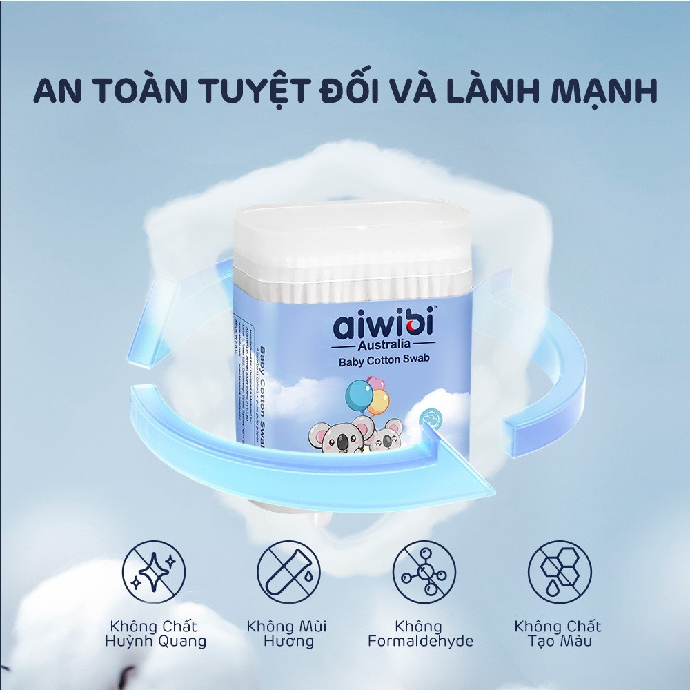 Tăm Bông Aiwibi Cao Cấp Cho Bé, Mềm Mịn, Thân Giấy Linh Hoạt, 100% Bông Thiên Nhiên - 200 Cái/Hộp