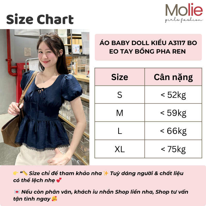 [TOP🔥] Áo Baby Doll Kiểu A366117 Bo Eo Tay Bồng Pha Ren Xinh Xắn MoLie Fashion