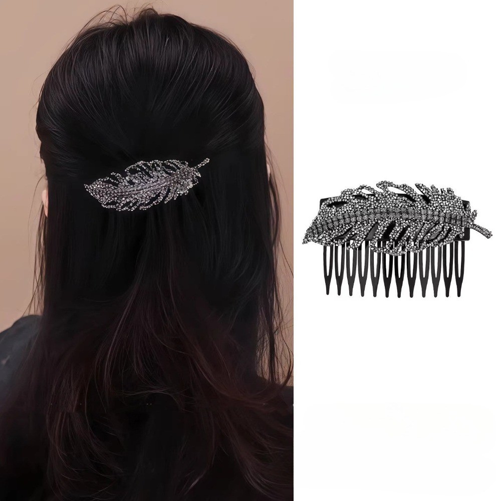Hululu / Lược chải tóc nữ cao cấp phong cách Hàn Quốc, lá vàng ngọc, kim cương lấp lánh, thiết kế mặt trên xuống, tạo kiểu tóc gãy/xương đòn