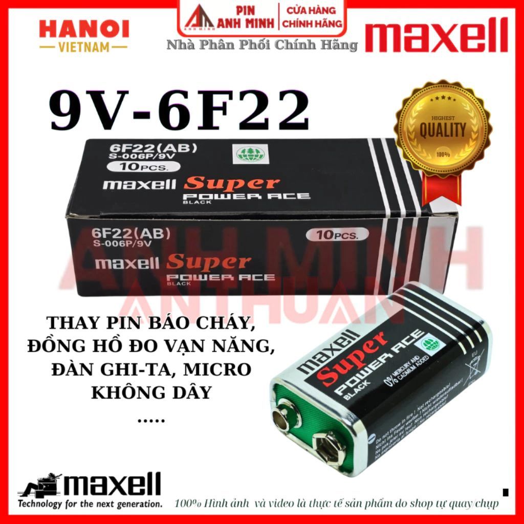 Pin vuông 9V Carbon Panasonic Maxell GP - Hộp 10 viên 6F22 cho báo cháy, gi-ta, đồng hồ vạn năng