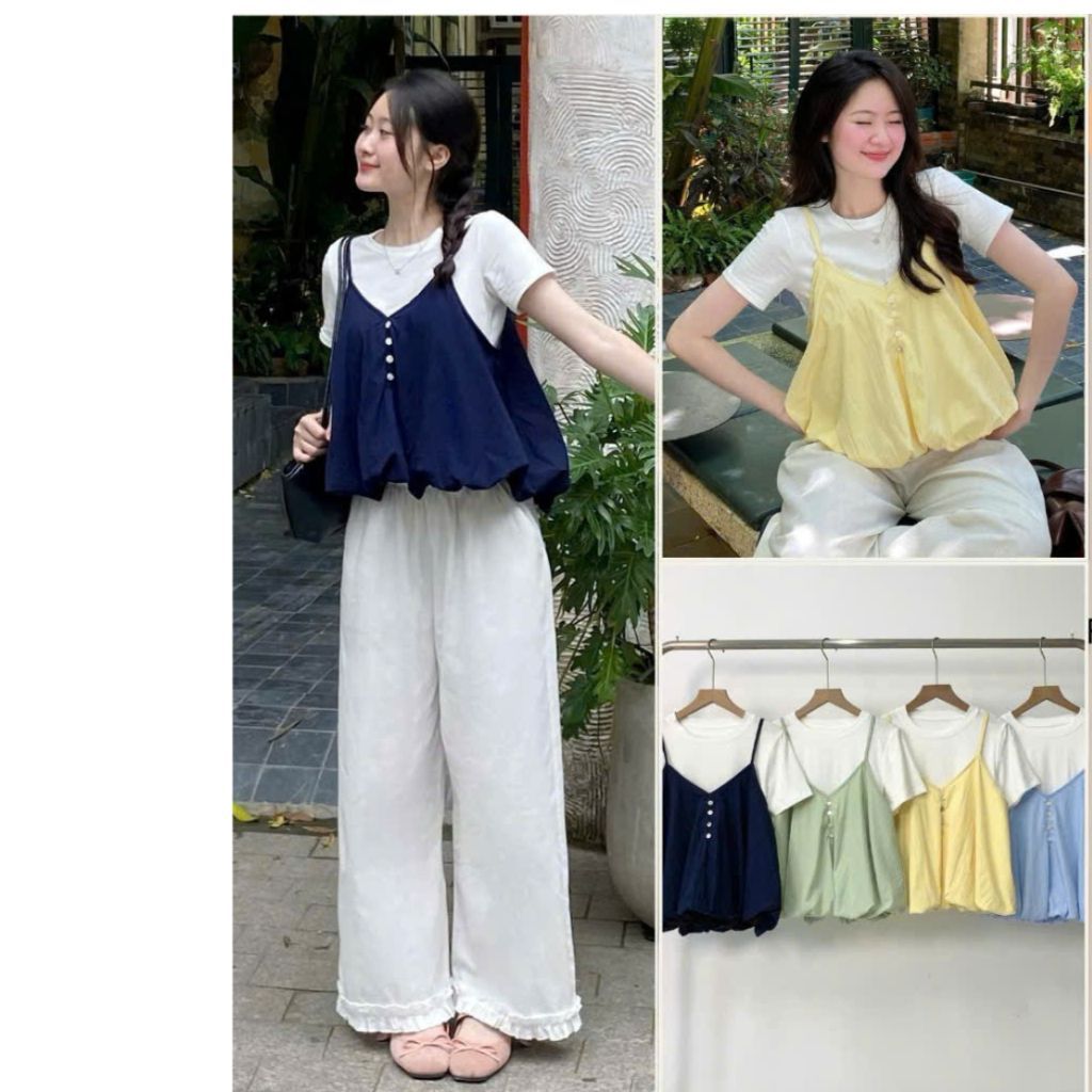 Set Yếm Nữ 2 Dây Dáng Bí Cúc Dọc Kèm Áo Thun Trơn (Có Bán Lẻ Yếm) Kenco clothing M377807 Thời Trang Nữ - Sam Botique