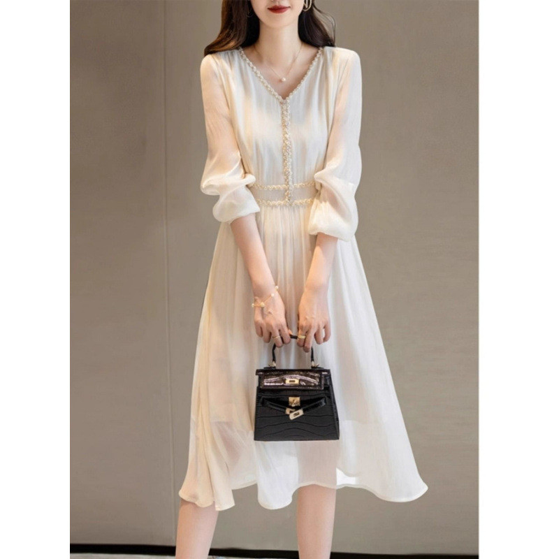 Đầm cổ chữ V thanh lịch dành cho nữ, mẫu mới mùa xuân, dáng dài vừa phải, tôn dáng, thời trang