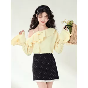 Mutu Áo Sơ Mi Off-The-Shoulder Vàng, Phong Cách Pháp, Thiết Kế Xù, Thích Hợp Mùa Xuân