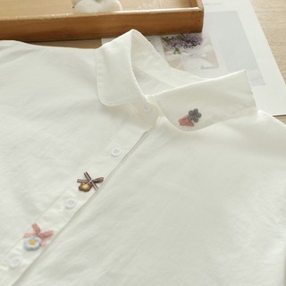 <![Sẵn Sàng] Áo sơ mi nữ 100% sợi cotton cao cấp, thiết kế hoa văn thêu nơ tinh tế, phù hợp mùa xuân 2026