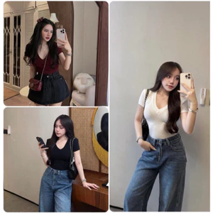 TH002- Áo thun cổ tim tay cộc độn vai TL.Online Shop ☘️freeship
