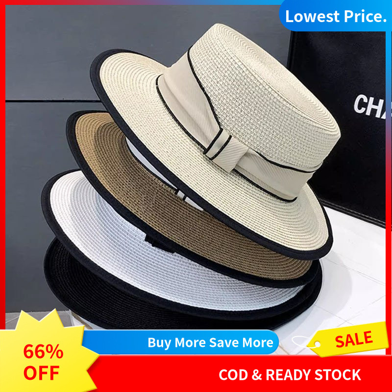 Mũ rơm phẳng kiểu Pháp mới dành cho nữ mùa hè ống hút fedora bên bờ biển chống nắng mũ đi biển mũ chống nắng