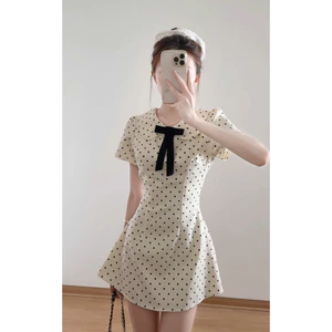 Váy ngắn tay cổ sen đính nơ họa tiết chấm bi chiết eo nhẹ nhàng dáng xòe dáng ngắn - VA002 TL.Online Shop