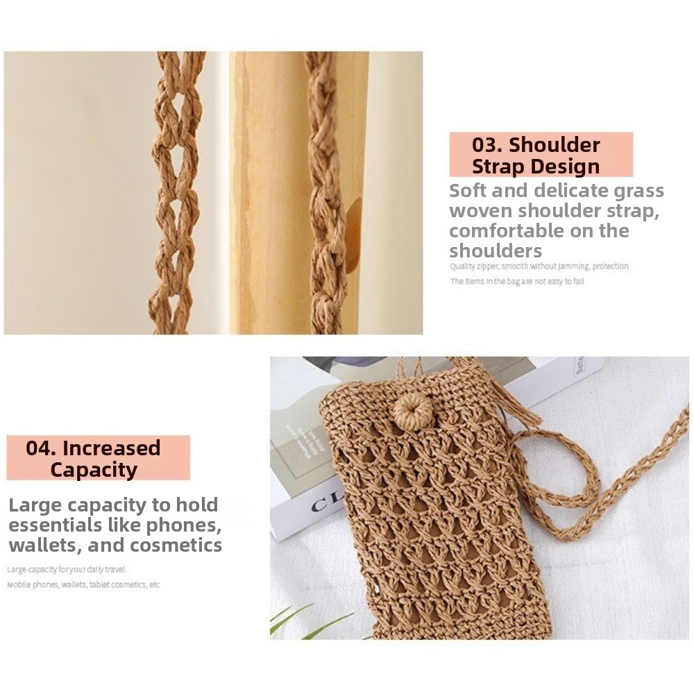 Túi đeo chéo HOBBYIN, Túi điện thoại di động phong cách Kaki Boho màu be, Túi vuông nhỏ cỡ nhỏ Ví dệt tay cho nữ Cô gái