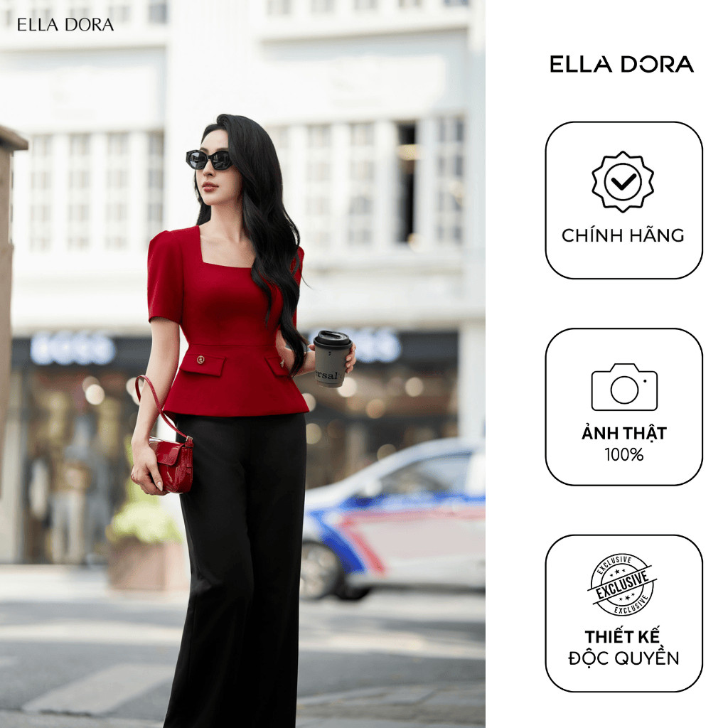Áo peplum nữ ELLA DORA cổ vuông tay ngắn phối 2 nắp túi form gọn tôn eo thanh lịch sang trọng [AK32]