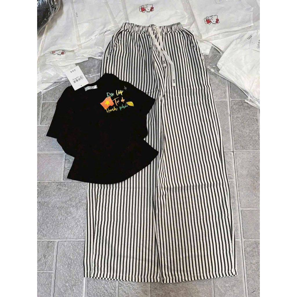 sét bộ quần dài kẻ vằn đũi xốp siêu xinh+mix áo Croptop chữ độc lập tự do chất tăm-chang3158