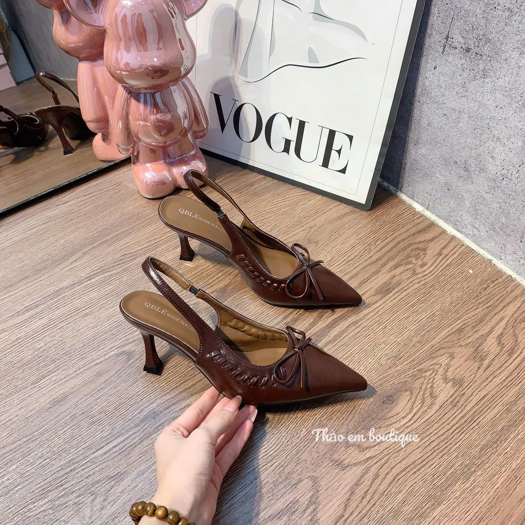 Giày nữ cao gót 5p-6p da mềm phối nơ nhỏ xinh, sang chảnh ( mã SHN188)