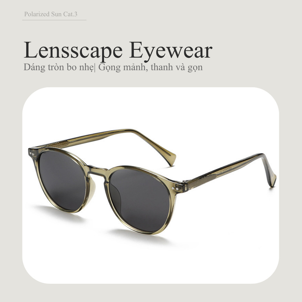 LENSSCAPE-Kính mát phân cực retro dáng tròn bo nhẹ gọng mảnh TR kim loại UV400