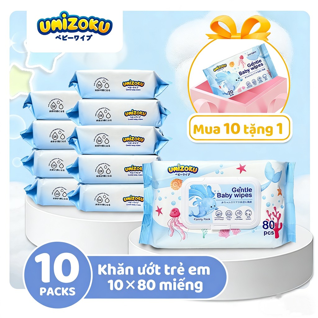 （Mua 10 tặng 1 ）Thùng 11 gói khăn ướt UMIZOKU không cồn không parabens cao cấp dành cho em bé