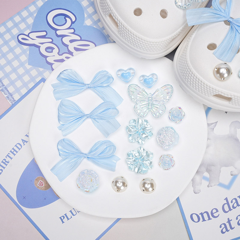 Phụ Kiện Lỗ Nơ Xanh Giày Tình Yêu Hoa Ba Lê Phong Cách Tự Làm, Dùng Cho Crocs, Có Thể Tháo Rời, Zhibixing ins