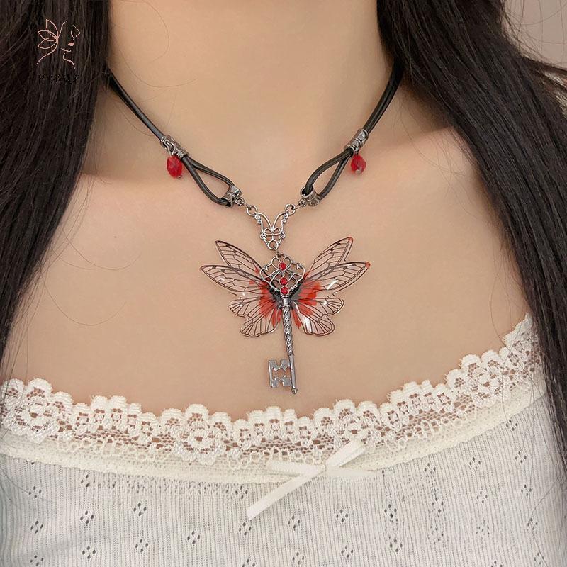 HNKMP Y2K Chuồn Chuồn Chìa Khóa Đỏ Zircon Vòng Cổ Mặt Dây Chuyền Retro Punk Da Hip Hop Choker Hợp Thời Trang Nữ Trang Sức Quà Tặng.